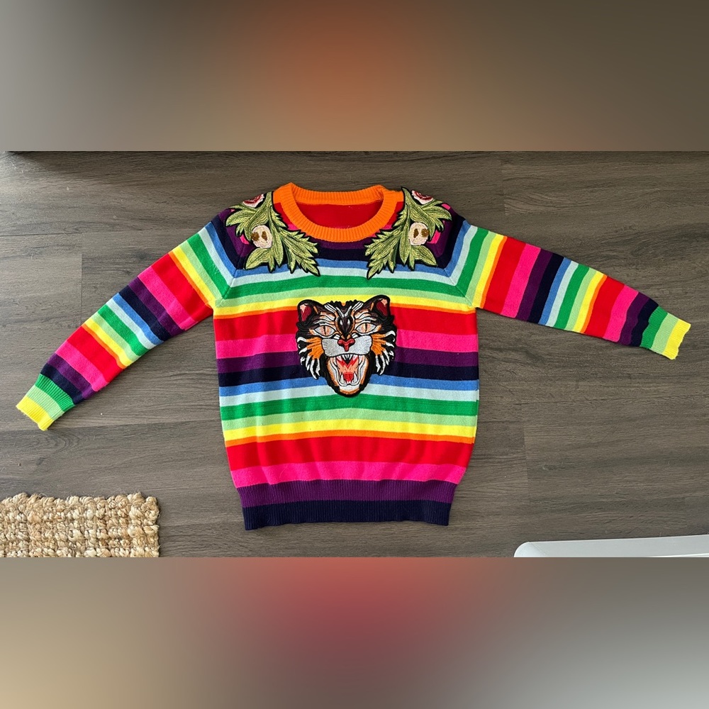 Rainbow Knit Embroidered Tiger Sweater